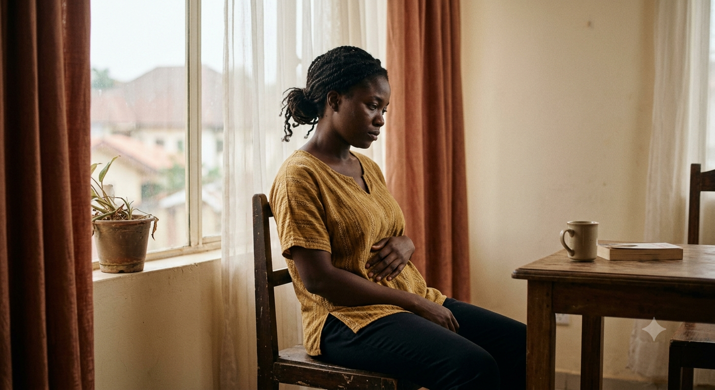 Woman sitting quietly by a window, reflecting